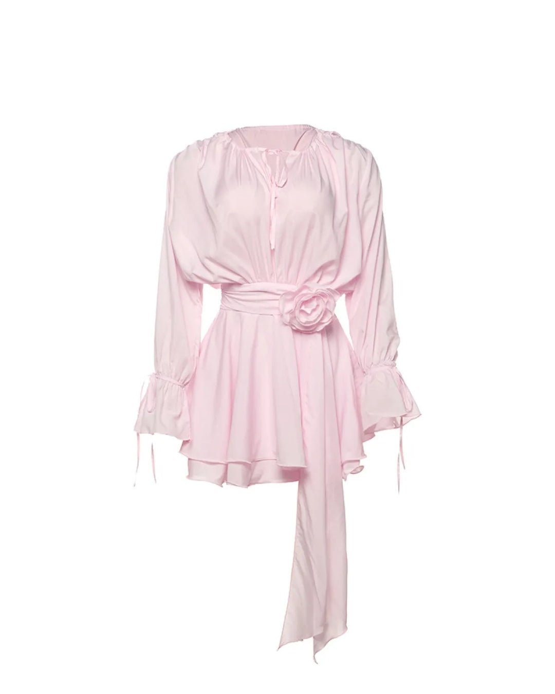 Mini Dress with Balloon Sleeves – Sheer Layered Fabric and Rose Waist Tie for Summer - We are MFEO