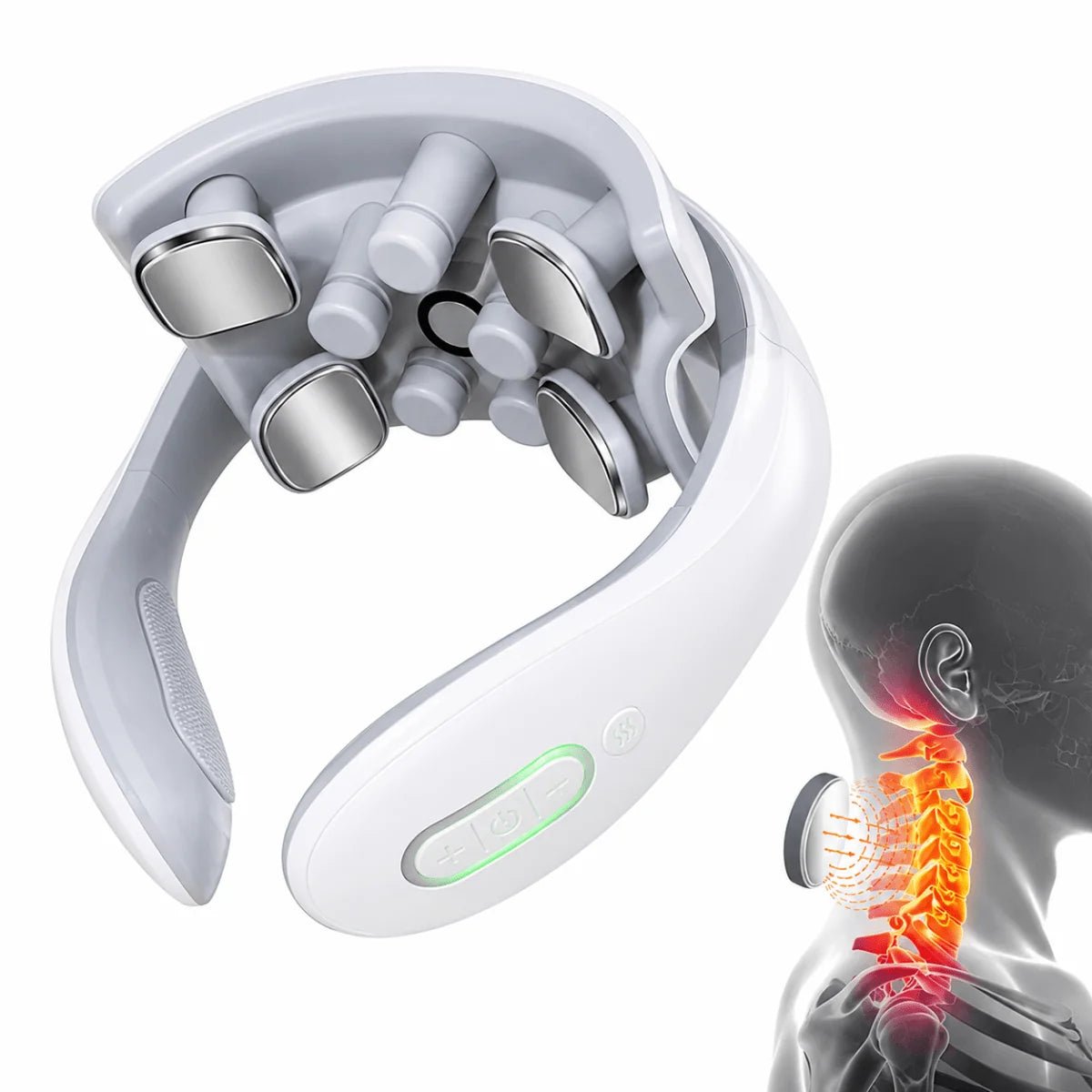 A white wireless neck massager with metal contact pads, shown next to a diagram of a human spine being treated.
