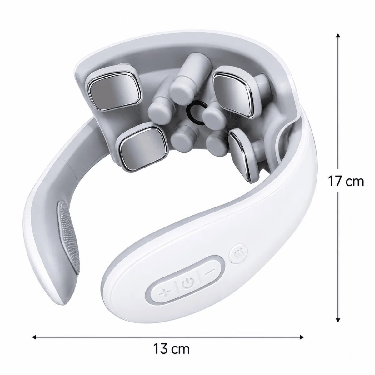 A white wireless neck massager with four metallic contact points and control buttons, showing dimensions of 13 by 17 cm.