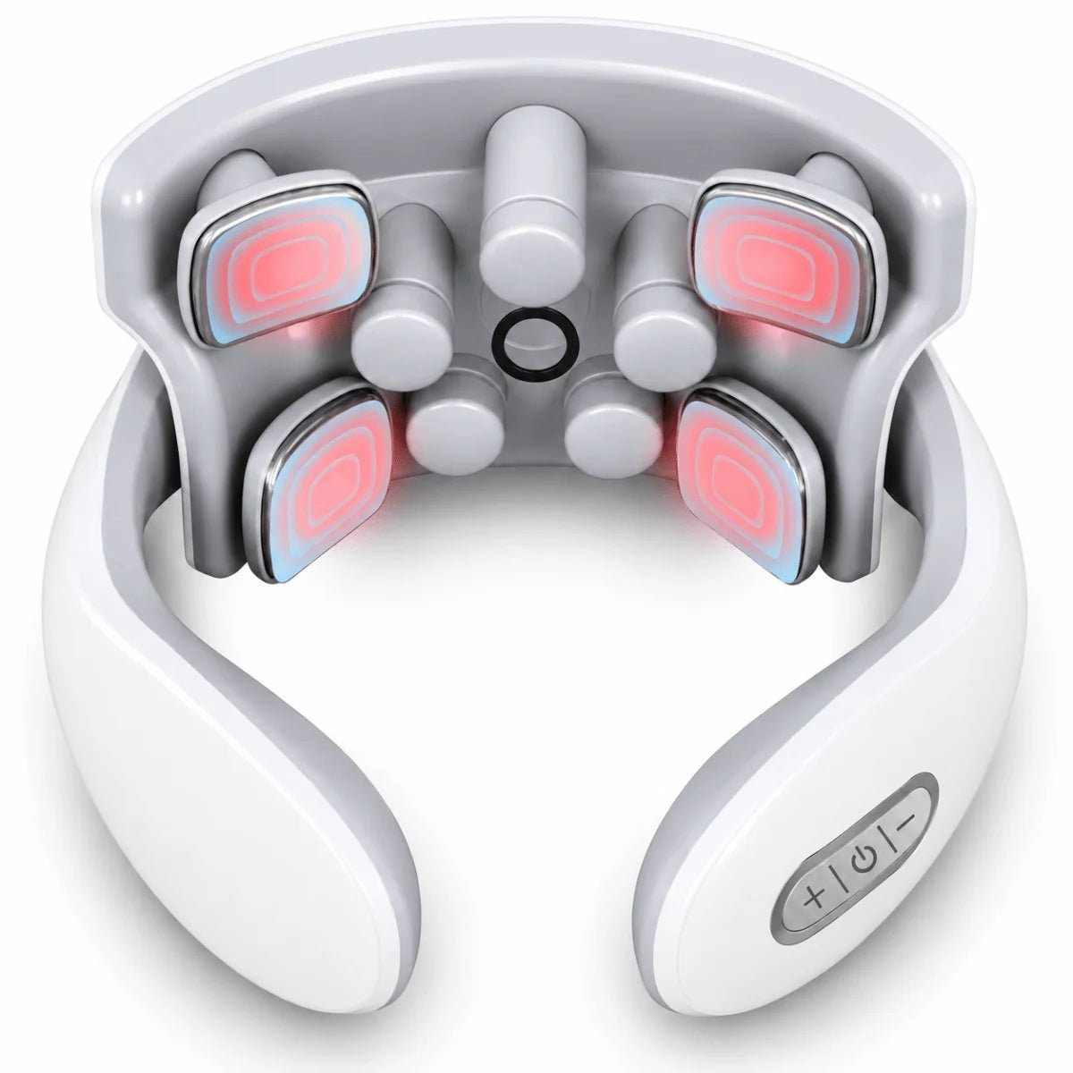 A white wireless neck massager with four heated contact pads and control buttons for intensity and power.