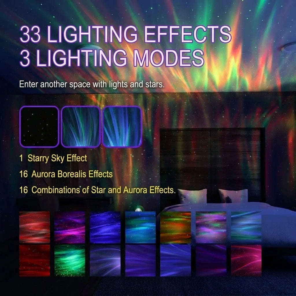 A bedroom ceiling illuminated by a northern lights projector displaying various colourful nebula and star patterns.
