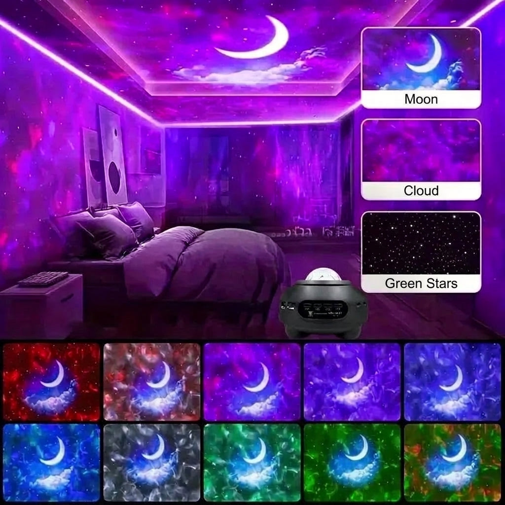 A bedroom ceiling illuminated by a northern lights projector, showing various moon, cloud, and star lighting effects.