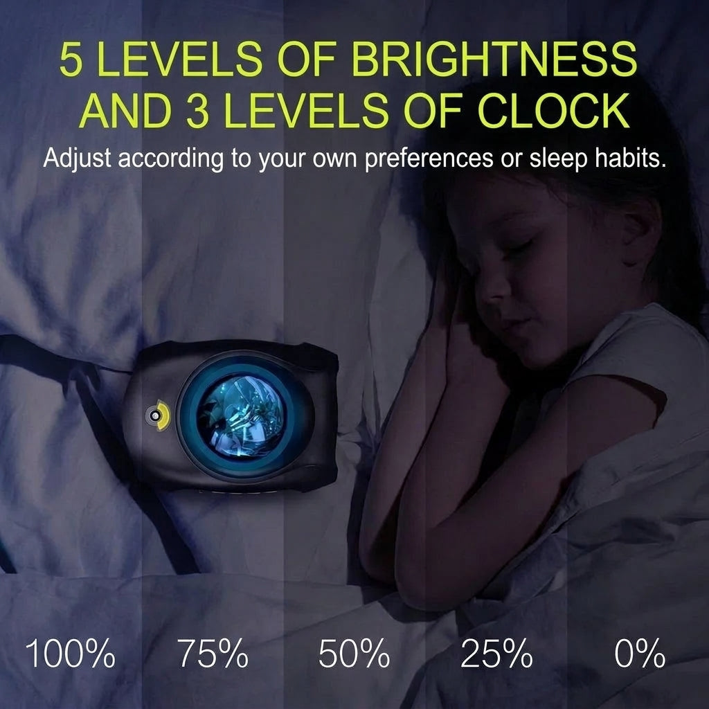 A child sleeping next to a northern lights projector, showing five brightness levels from 100% to 0% for sleep comfort.