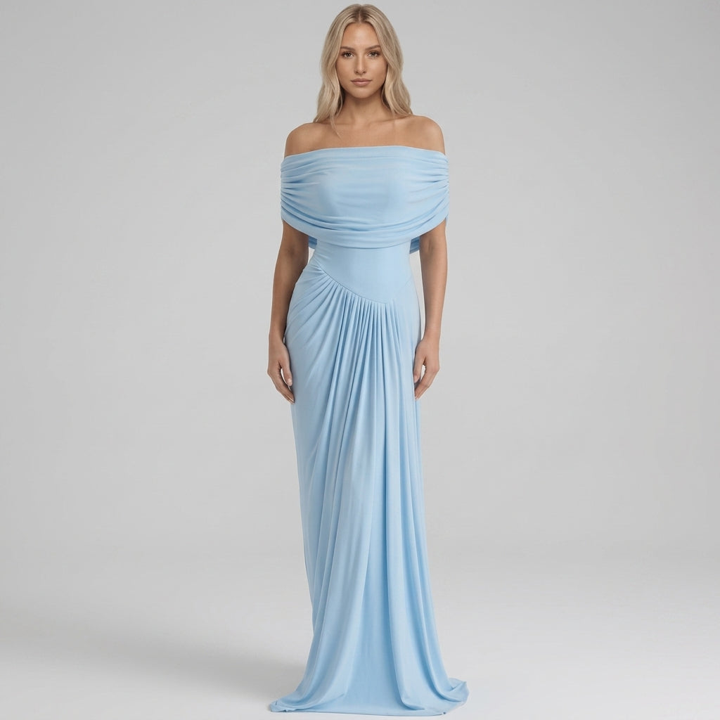Off Shoulder Maxi Dress – Draped Waist Fit for Formal Events and Weddings - We are MFEO