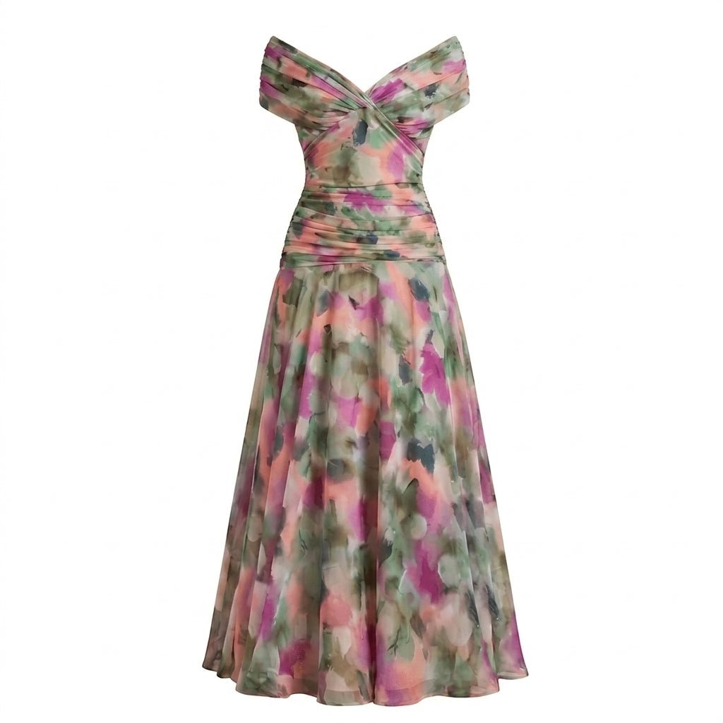 Off-Shoulder Tulle Midi Dress – Formal Cocktail Dress with Ruched Waist - We are MFEO
