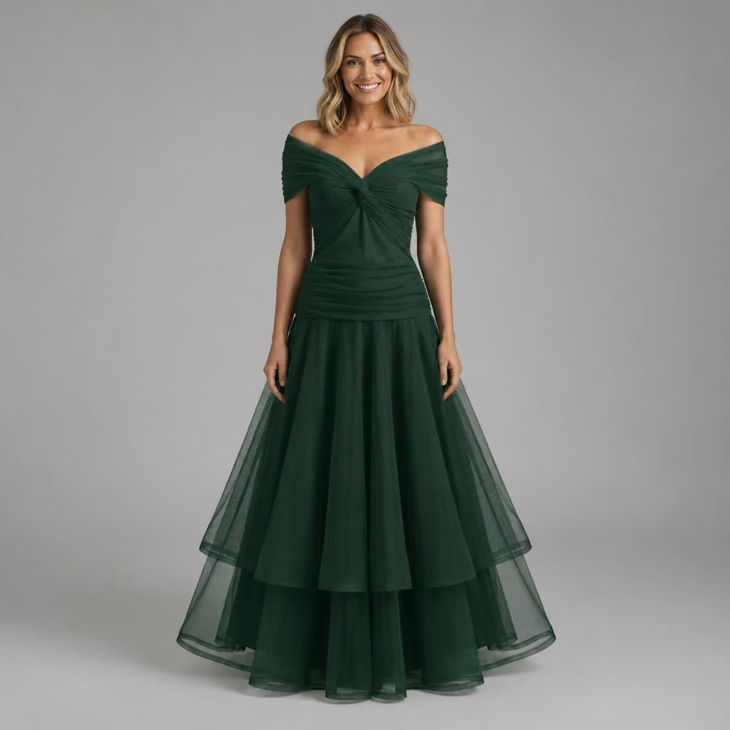 Off-Shoulder Tulle Midi Dress – Formal Cocktail Dress with Ruched Waist - We are MFEO