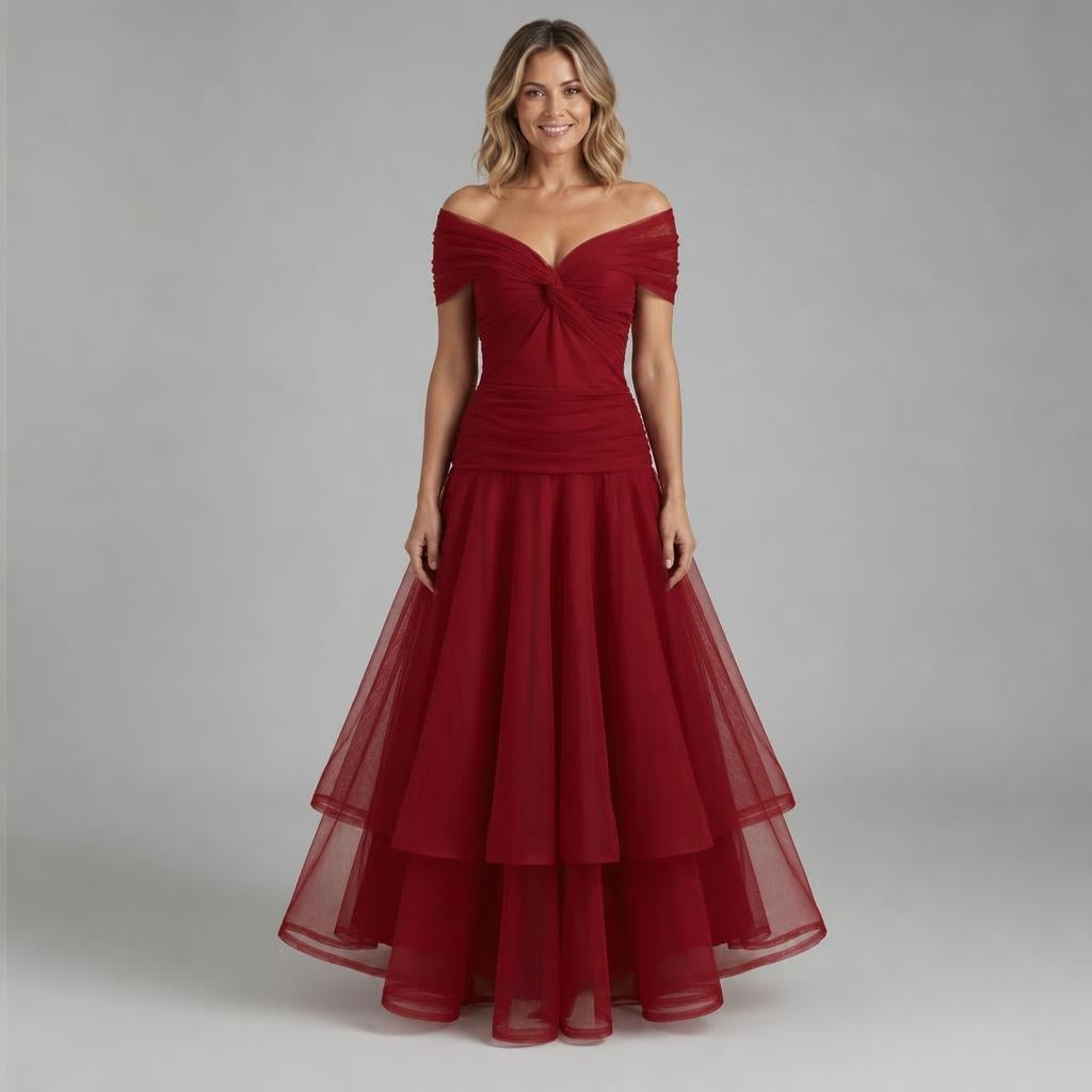 Off-Shoulder Tulle Midi Dress – Formal Cocktail Dress with Ruched Waist - We are MFEO