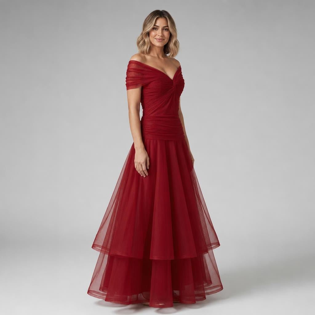 Off-Shoulder Tulle Midi Dress – Formal Cocktail Dress with Ruched Waist - We are MFEO