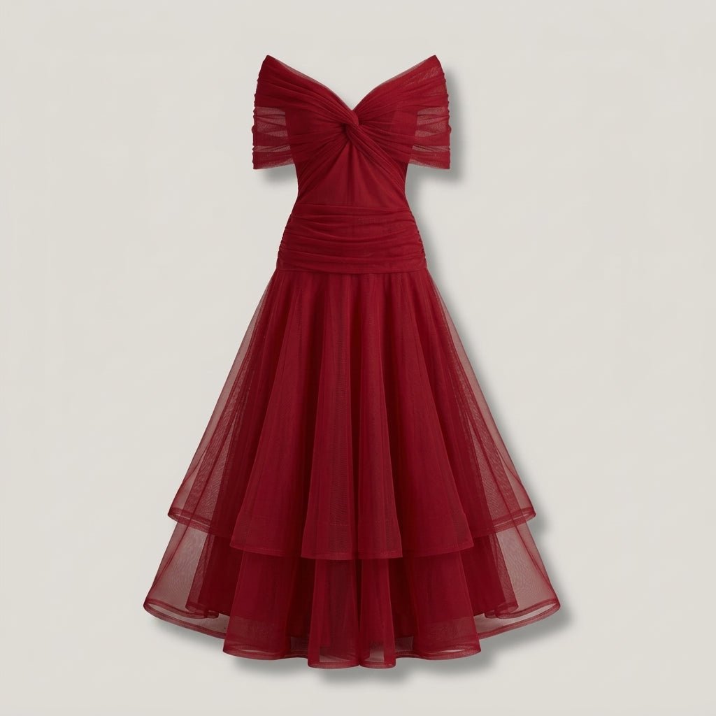 Off-Shoulder Tulle Midi Dress – Formal Cocktail Dress with Ruched Waist - We are MFEO