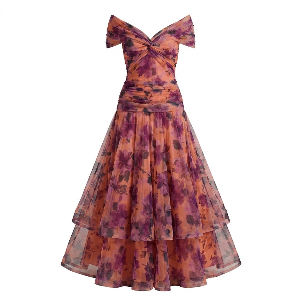 Off-Shoulder Tulle Midi Dress – Formal Cocktail Dress with Ruched Waist - We are MFEO