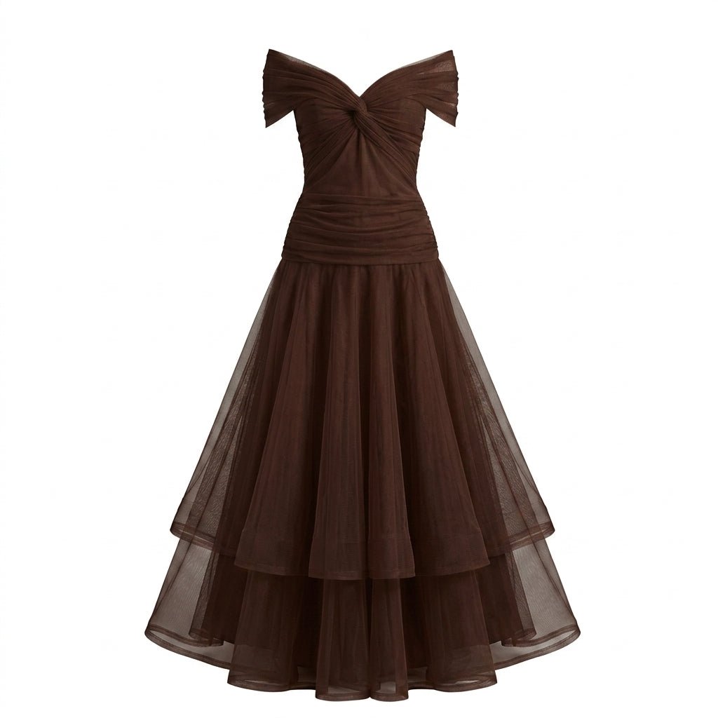 Off-Shoulder Tulle Midi Dress – Formal Cocktail Dress with Ruched Waist - We are MFEO