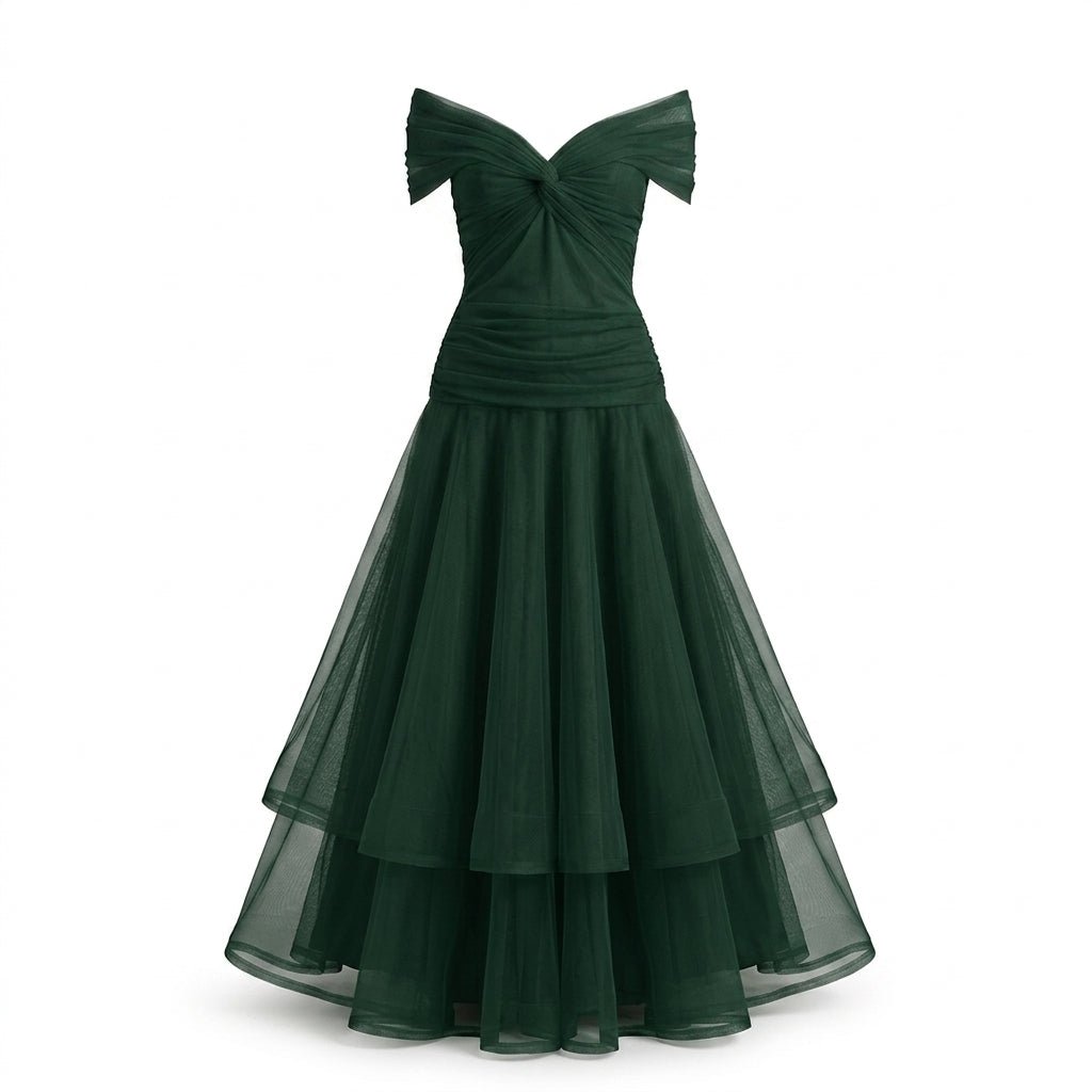 Off-Shoulder Tulle Midi Dress – Formal Cocktail Dress with Ruched Waist - We are MFEO