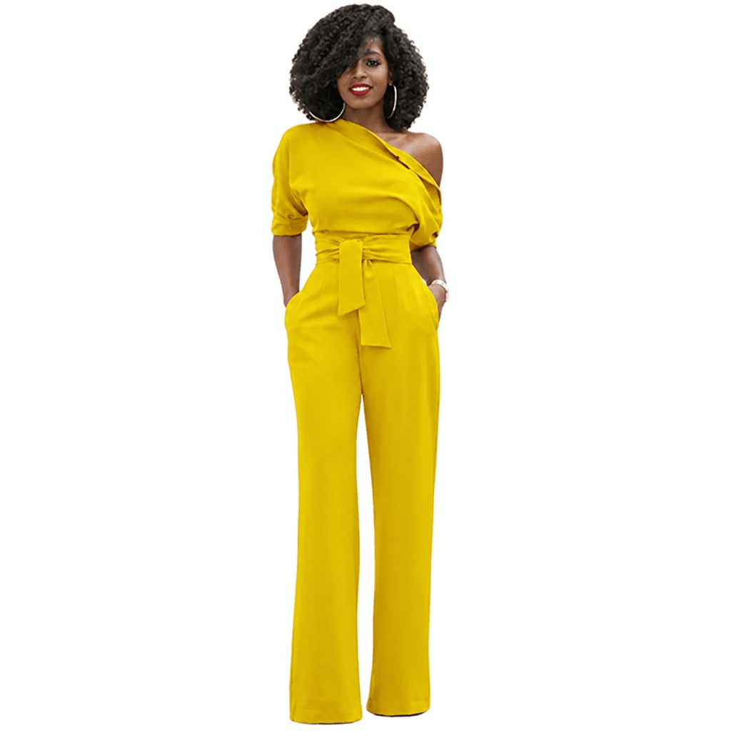One-Shoulder Wide-Leg Jumpsuit with Belted Waist – Formal Evening Wear - We are MFEO