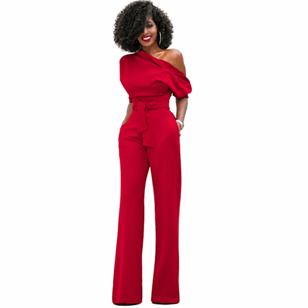 One-Shoulder Wide-Leg Jumpsuit with Belted Waist – Formal Evening Wear - We are MFEO