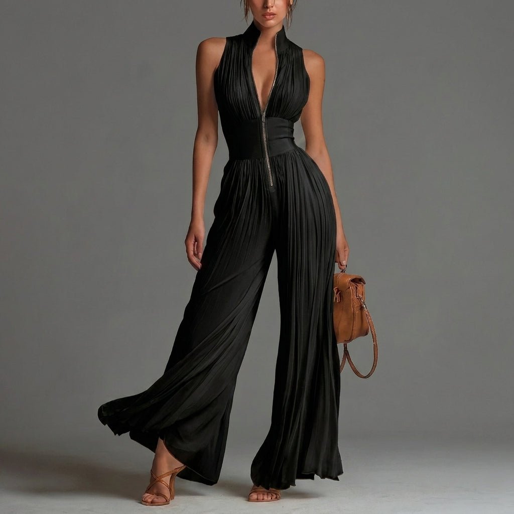 Pleated Jumpsuit with Deep V-Neck – Wide Leg Design for Formal Events - We are MFEO