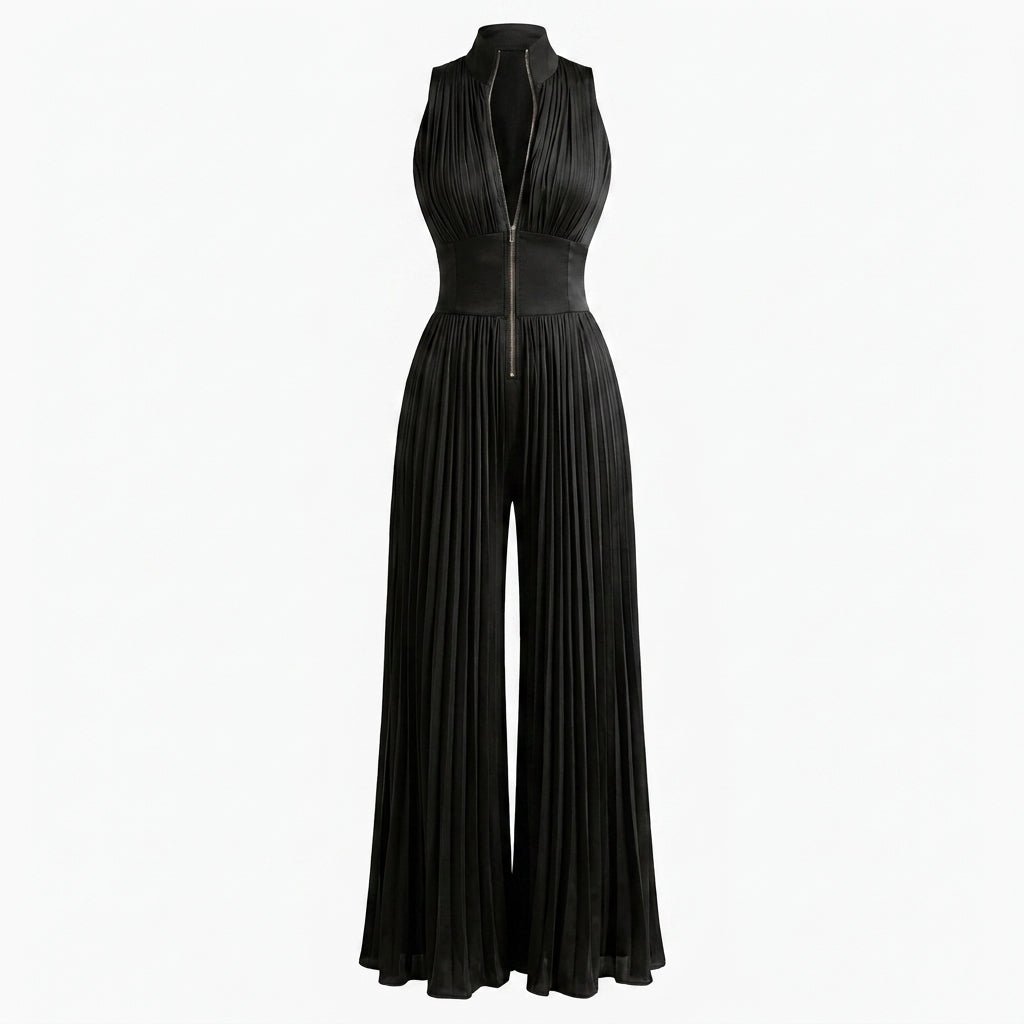 Pleated Jumpsuit with Deep V-Neck – Wide Leg Design for Formal Events - We are MFEO