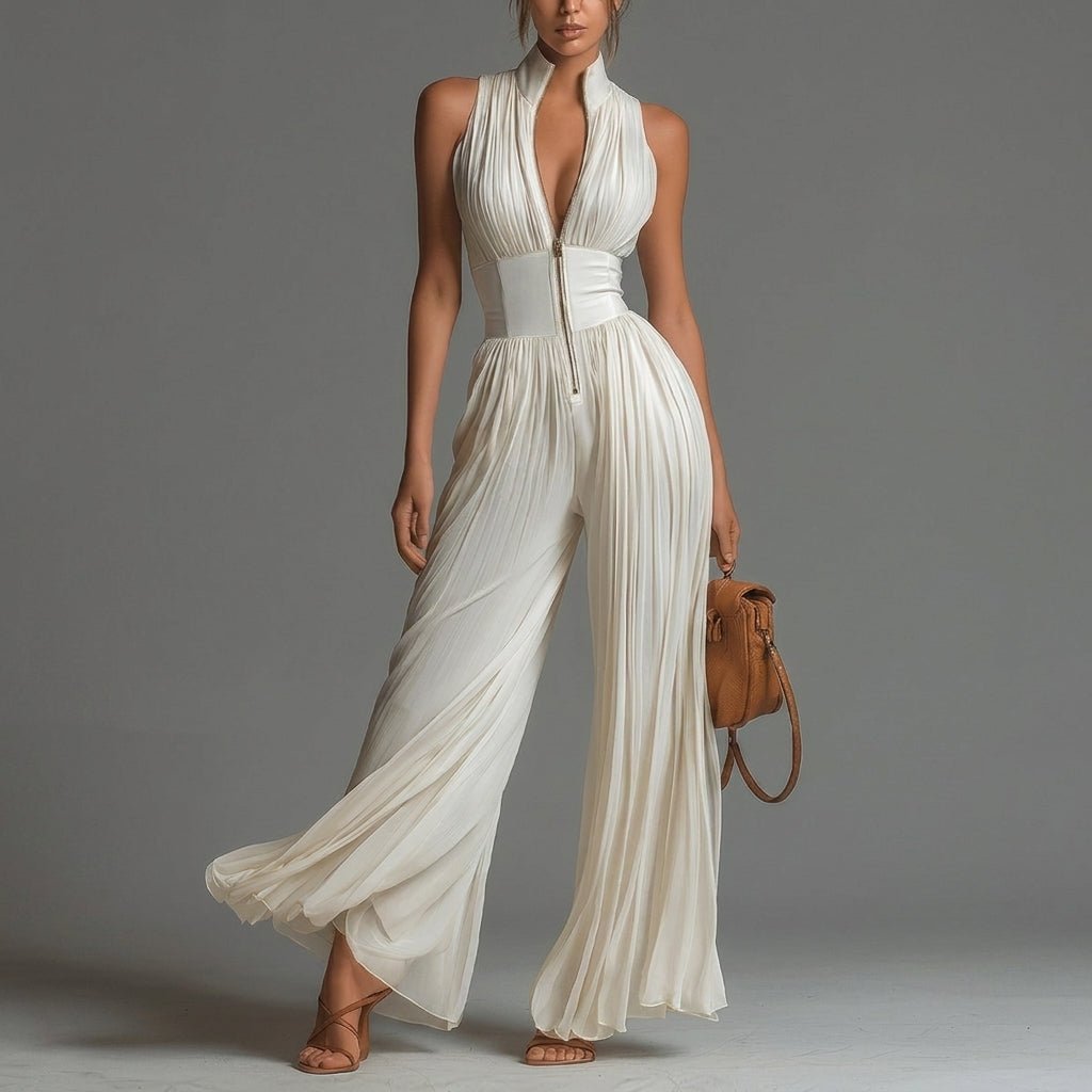Pleated Jumpsuit with Deep V-Neck – Wide Leg Design for Formal Events - We are MFEO
