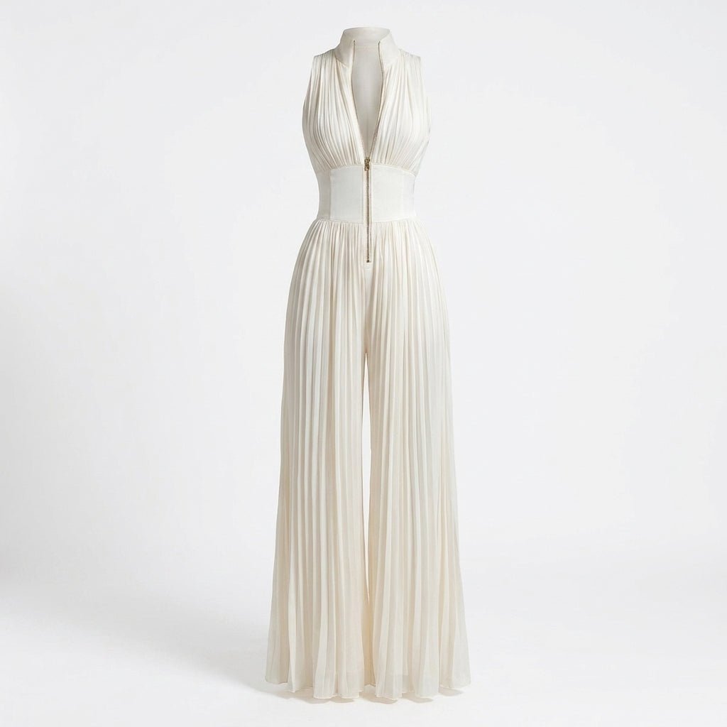 Pleated Jumpsuit with Deep V-Neck – Wide Leg Design for Formal Events - We are MFEO
