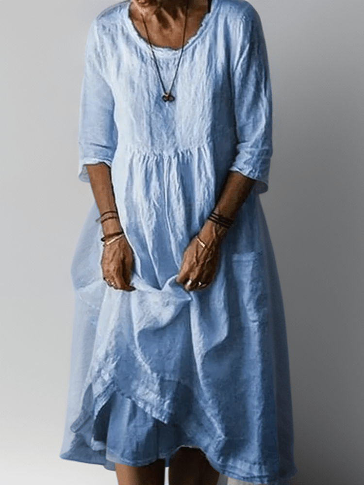 Pleated Midi Summer Dress with 3/4 Sleeves and Smocked Waist - We are MFEO