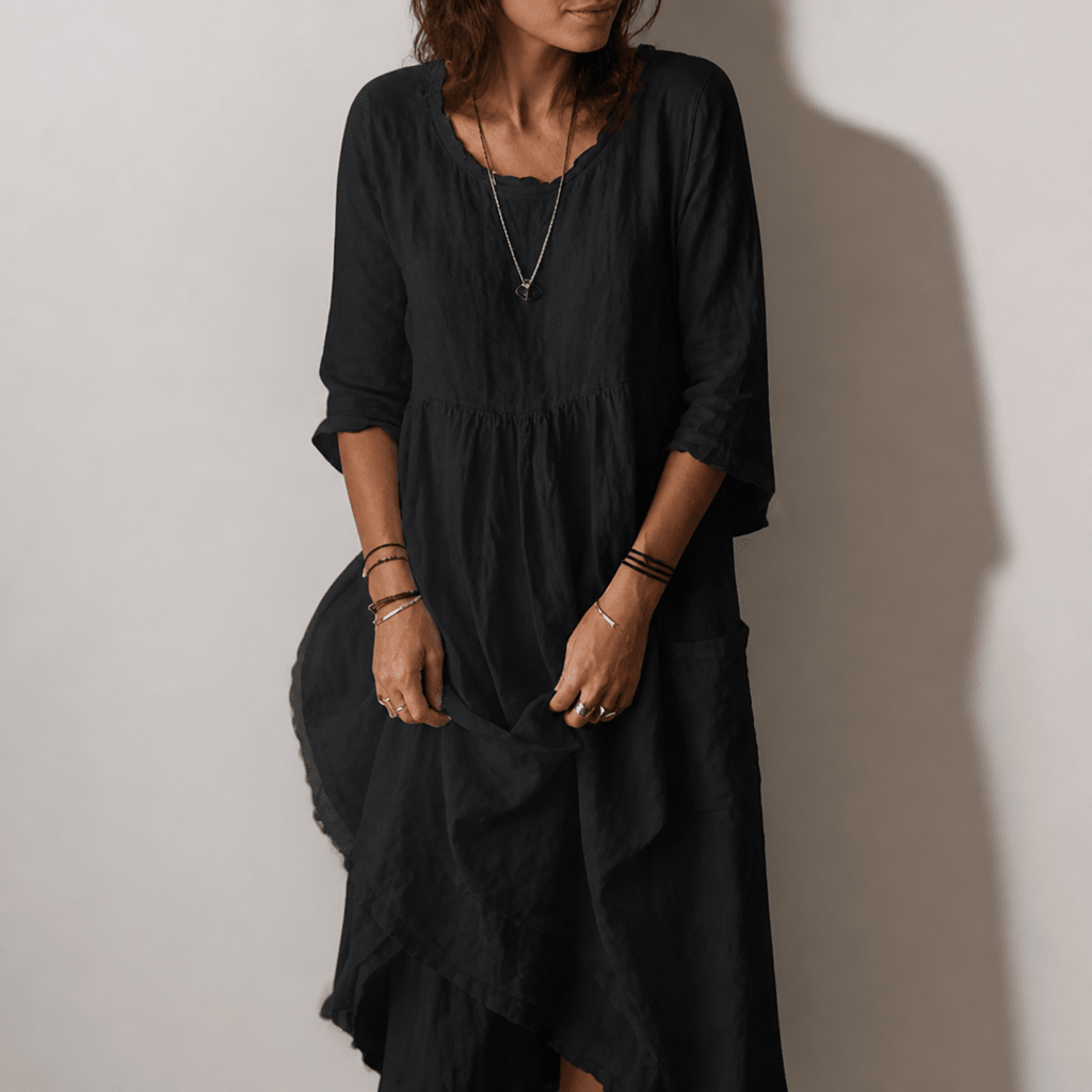 Pleated Midi Summer Dress with 3/4 Sleeves and Smocked Waist - We are MFEO