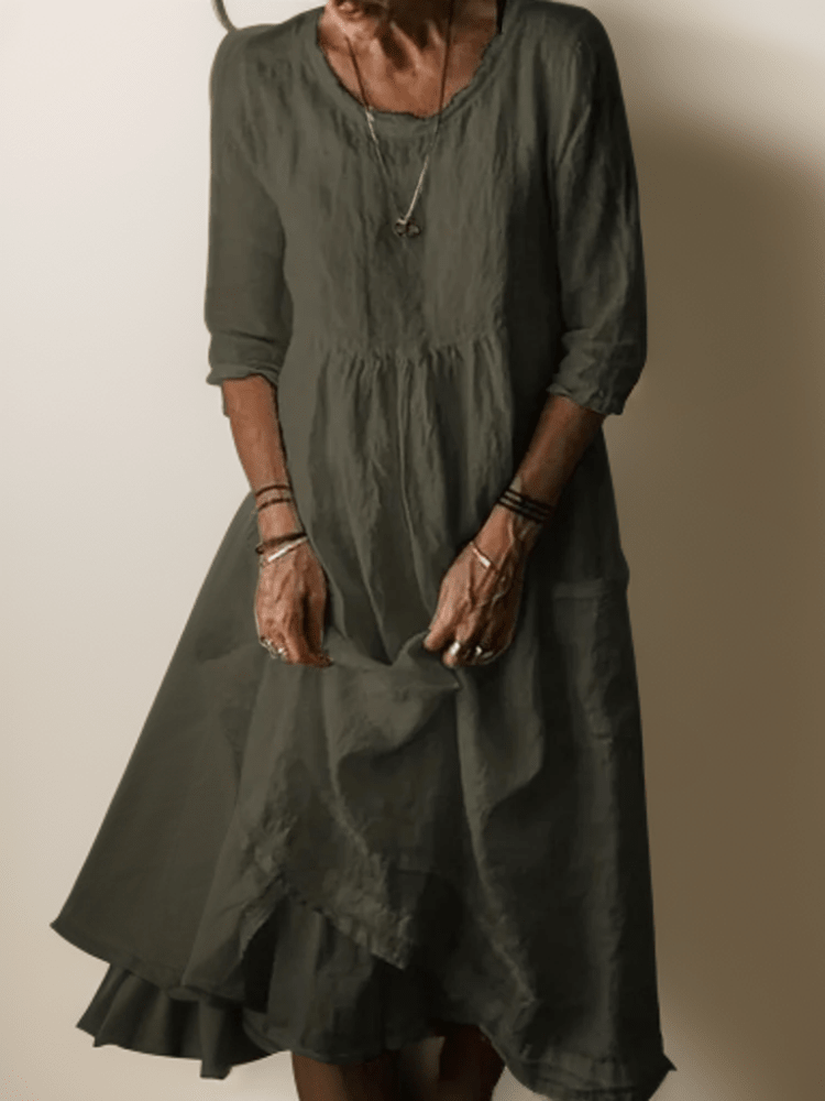 Pleated Midi Summer Dress with 3/4 Sleeves and Smocked Waist - We are MFEO