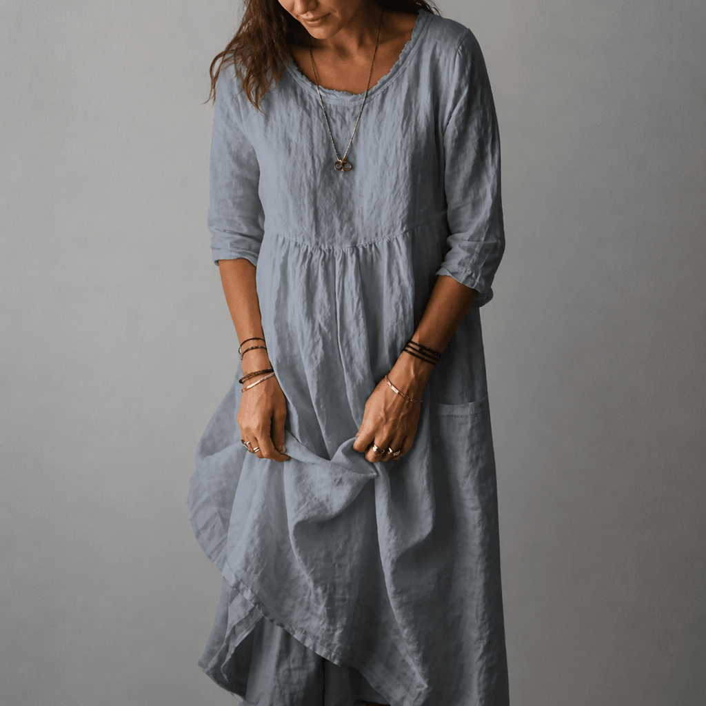 Pleated Midi Summer Dress with 3/4 Sleeves and Smocked Waist - We are MFEO