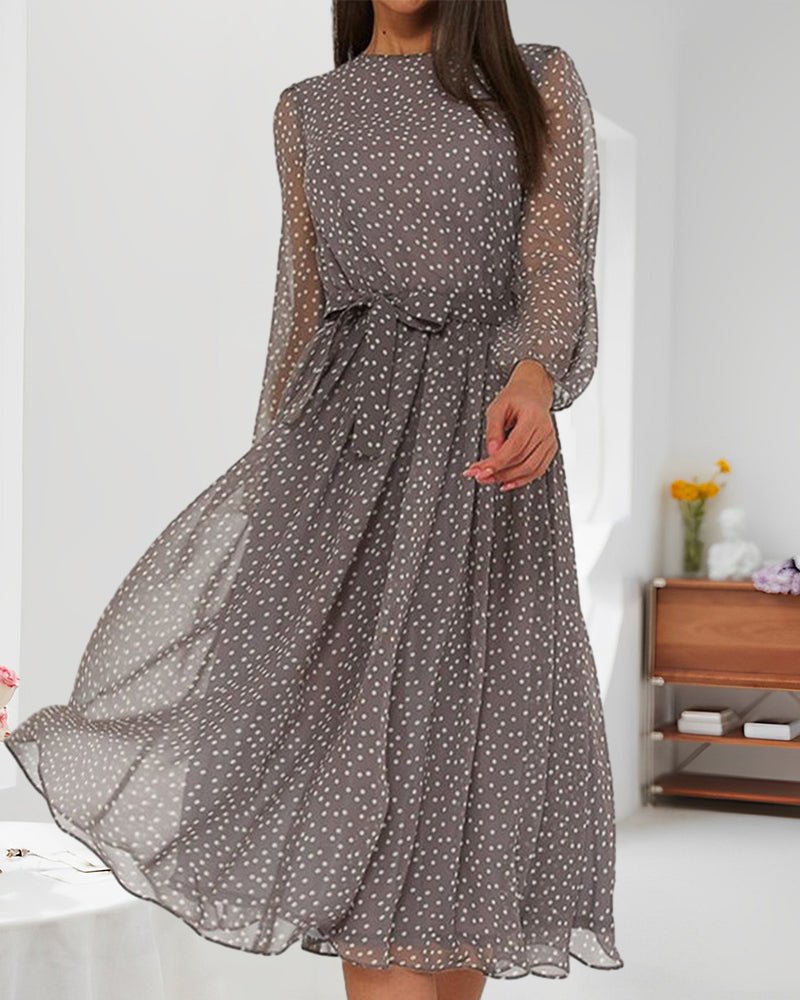 Polka Dot Midi Dress with Waist Tie – Sheer Sleeves for Summer Parties and Weddings - We are MFEO