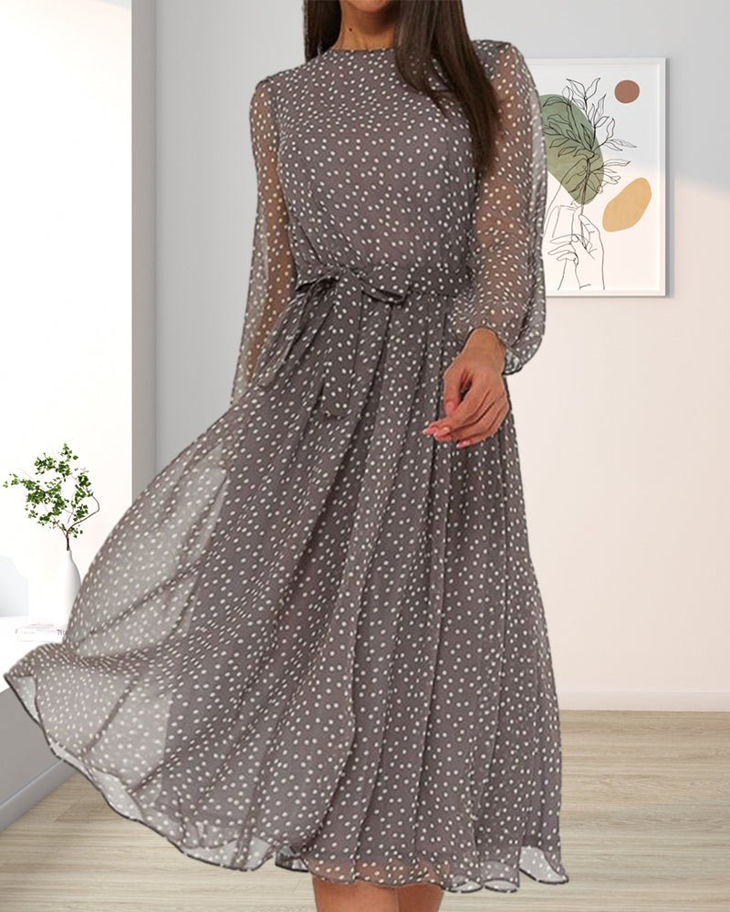 Polka Dot Midi Dress with Waist Tie – Sheer Sleeves for Summer Parties and Weddings - We are MFEO