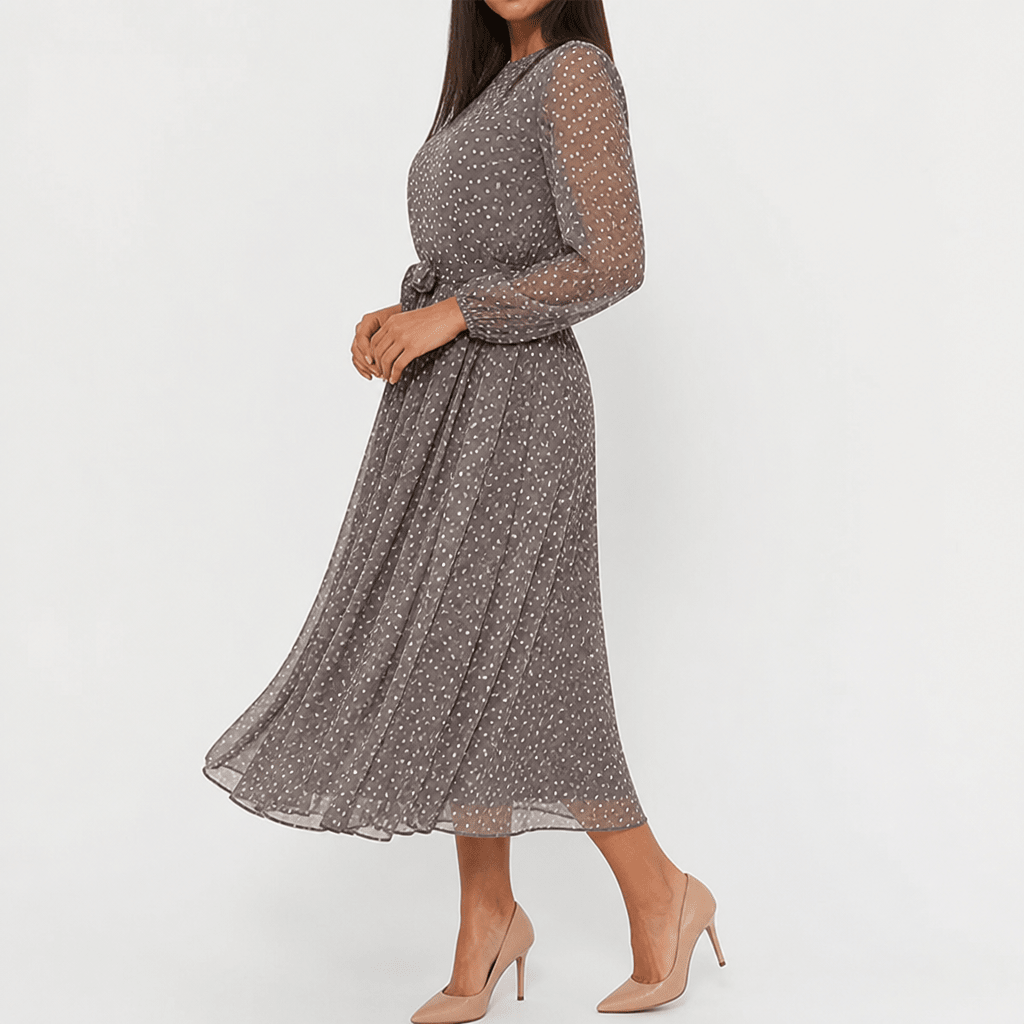 Polka Dot Midi Dress with Waist Tie – Sheer Sleeves for Summer Parties and Weddings - We are MFEO