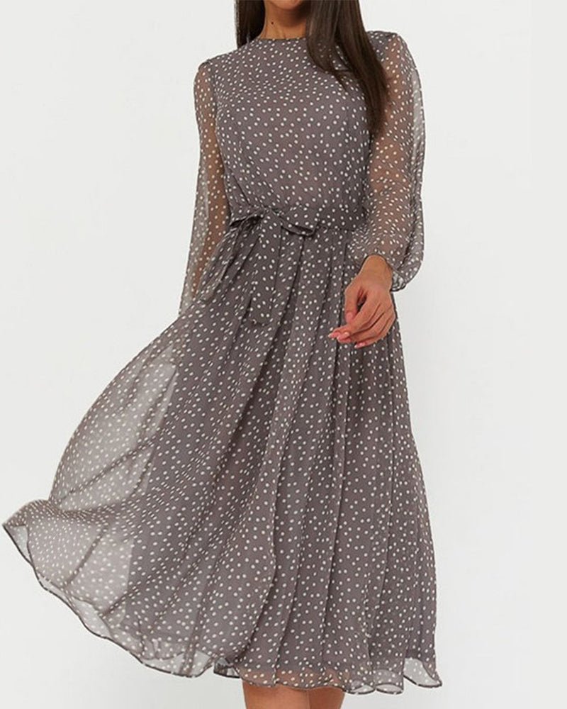 Polka Dot Midi Dress with Waist Tie – Sheer Sleeves for Summer Parties and Weddings - We are MFEO