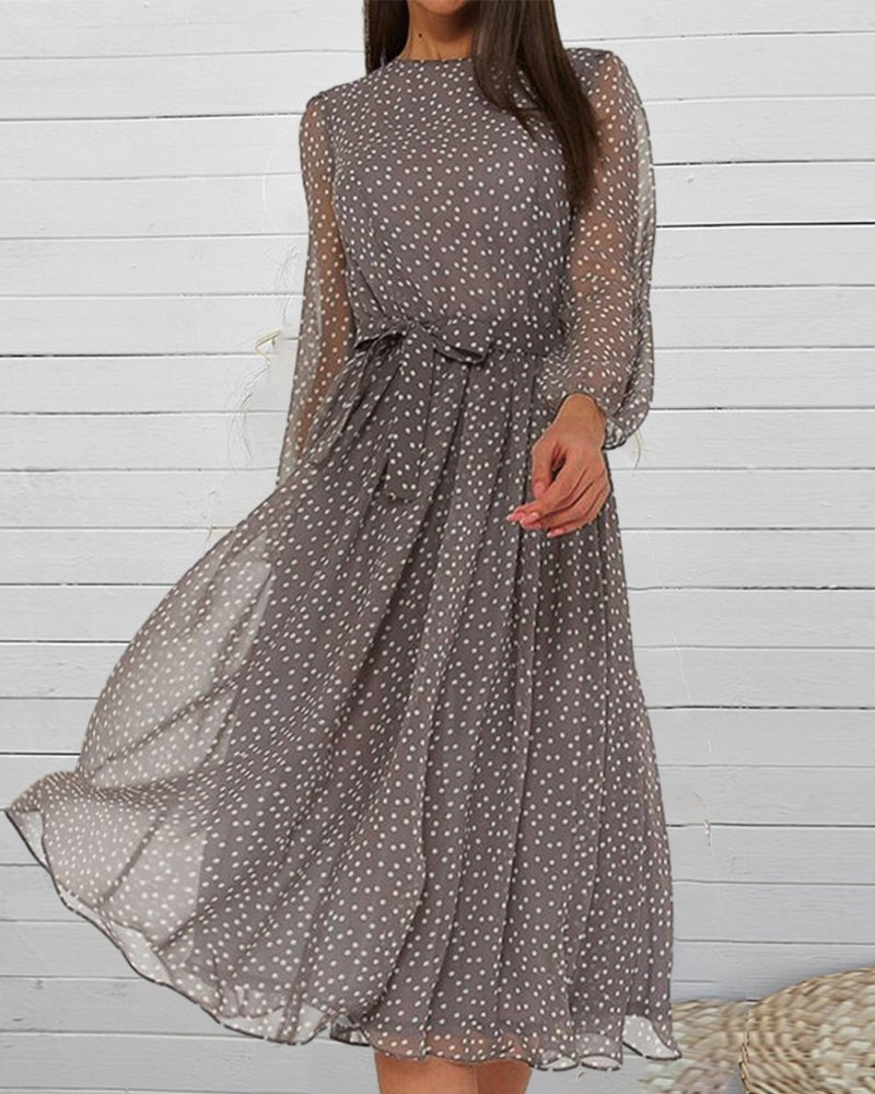 Polka Dot Midi Dress with Waist Tie – Sheer Sleeves for Summer Parties and Weddings - We are MFEO