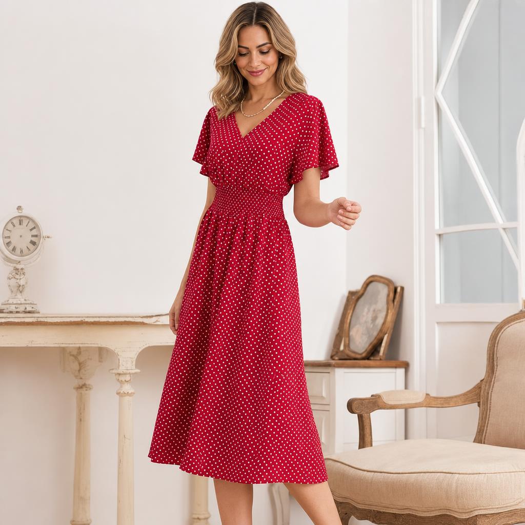 Polka Dot Midi Dress – Wrap Style for Weddings and Summer Events 1