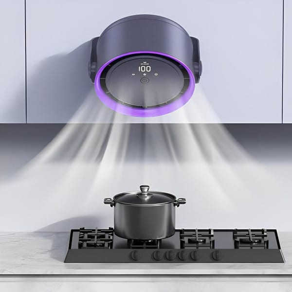 A sleek, dark grey bladeless fan mounted under a kitchen cabinet, casting a purple glow over a pot on a gas stovetop.
