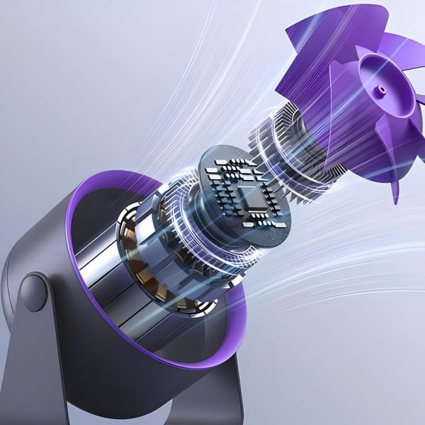 An exploded view of a portable fan showing its internal motor, circuit board, and purple fan blades.