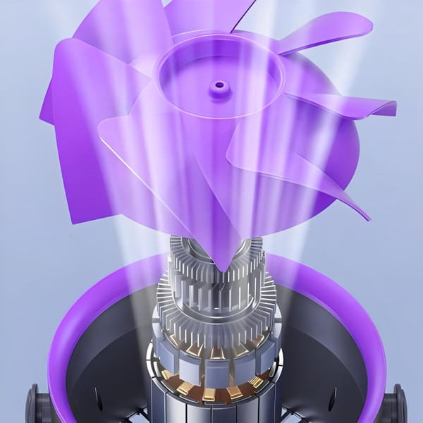 A close-up view of the internal motor and purple fan blades of a portable bladeless fan, showing the mechanical components.