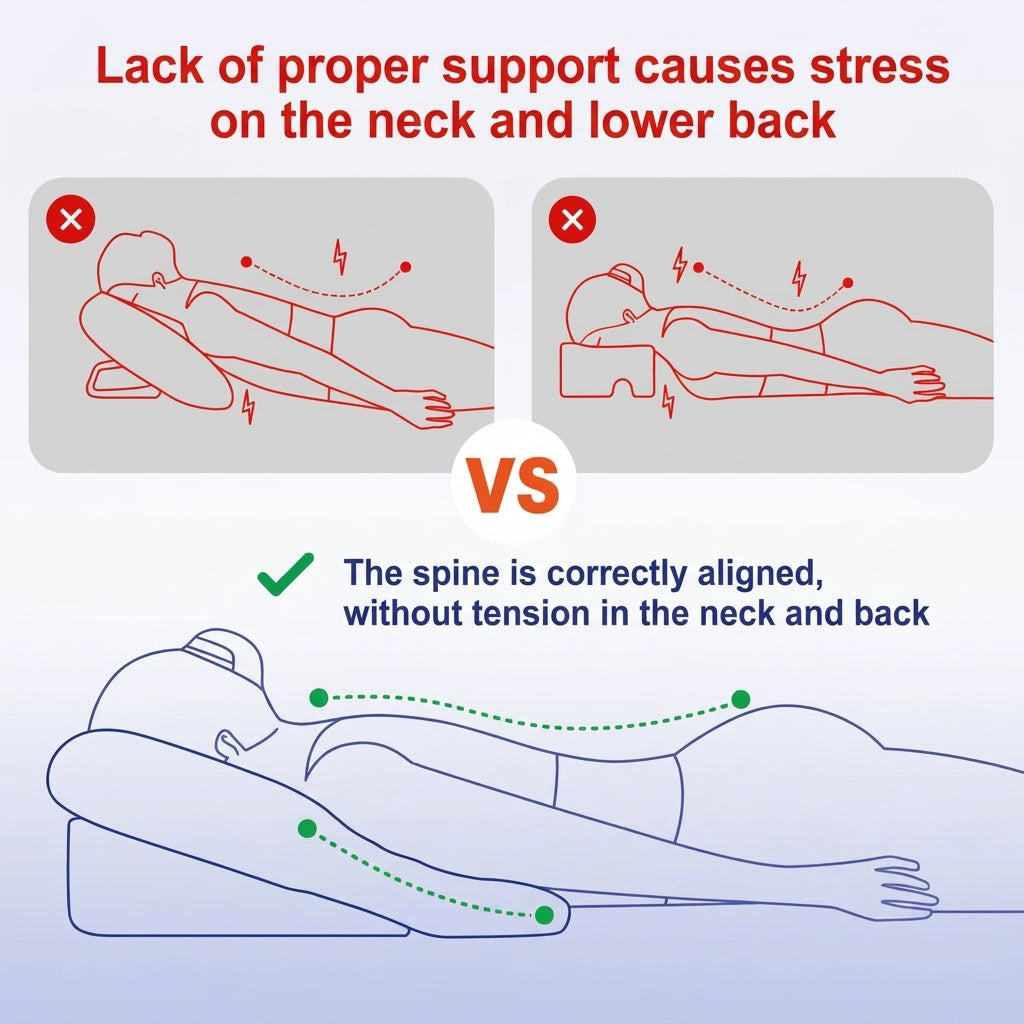 Diagram showing how a post-BBL stomach pillow correctly aligns the spine compared to improper support causing neck and back pain.