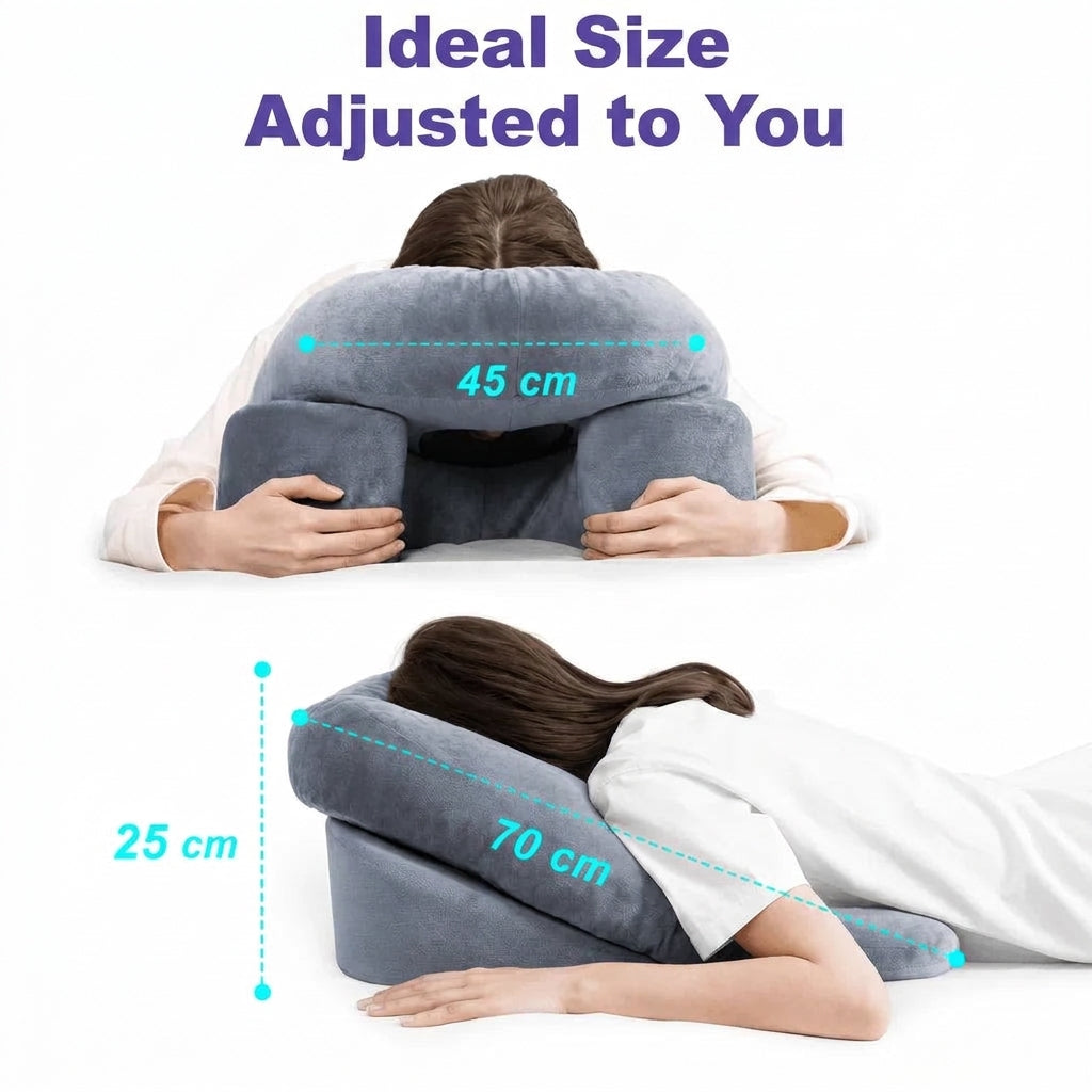 A person using a grey memory foam recovery pillow, showing dimensions of 45cm width, 70cm length, and 25cm height.
