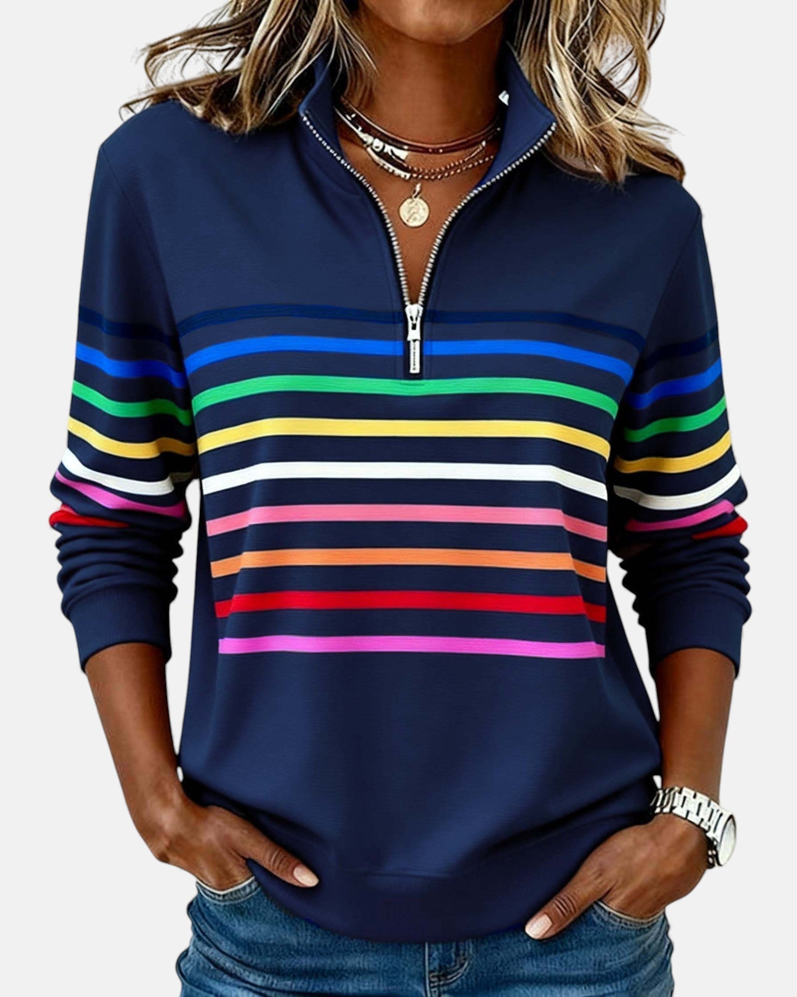 Rainbow Striped Zip Sweatshirt for Women – Relaxed Fit - We are MFEO