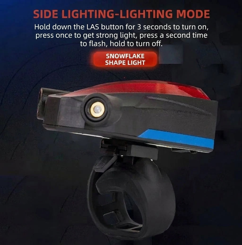 A rear bike light with a mounting bracket, displaying instructions for its side laser snowflake projection mode.