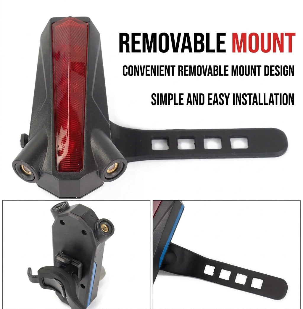A rear bike light with a detachable mounting strap and laser projection feature, showing the simple installation design.