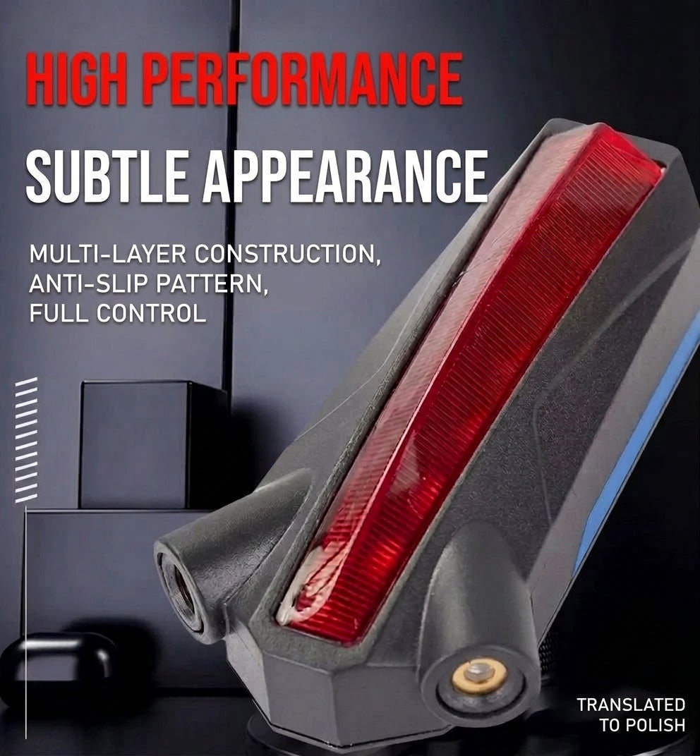 A sleek black rear bike light with a red lens and laser projection feature, highlighted by product feature text.