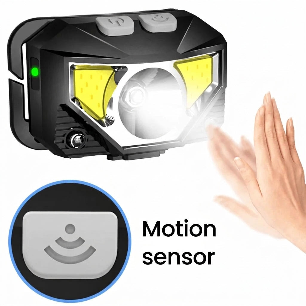 A black LED headlamp with a motion sensor feature, demonstrated by a hand waving in front of the light.