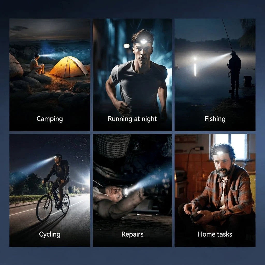 A collage showing six different uses for a rechargeable headlamp, including camping, night running, fishing, cycling, and repairs.
