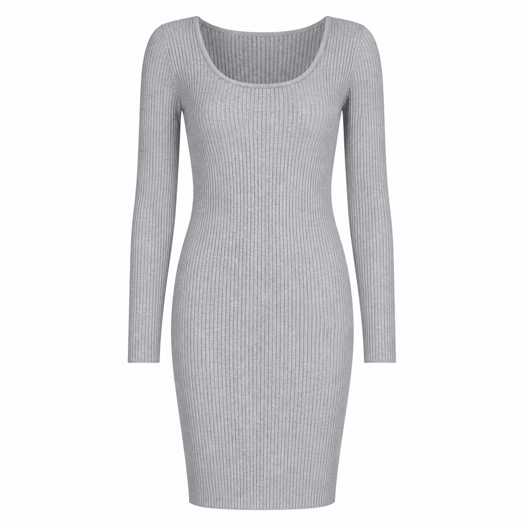 Ribbed Knit Midi Dress – Long Sleeves, Low Scoop Neck - We are MFEO
