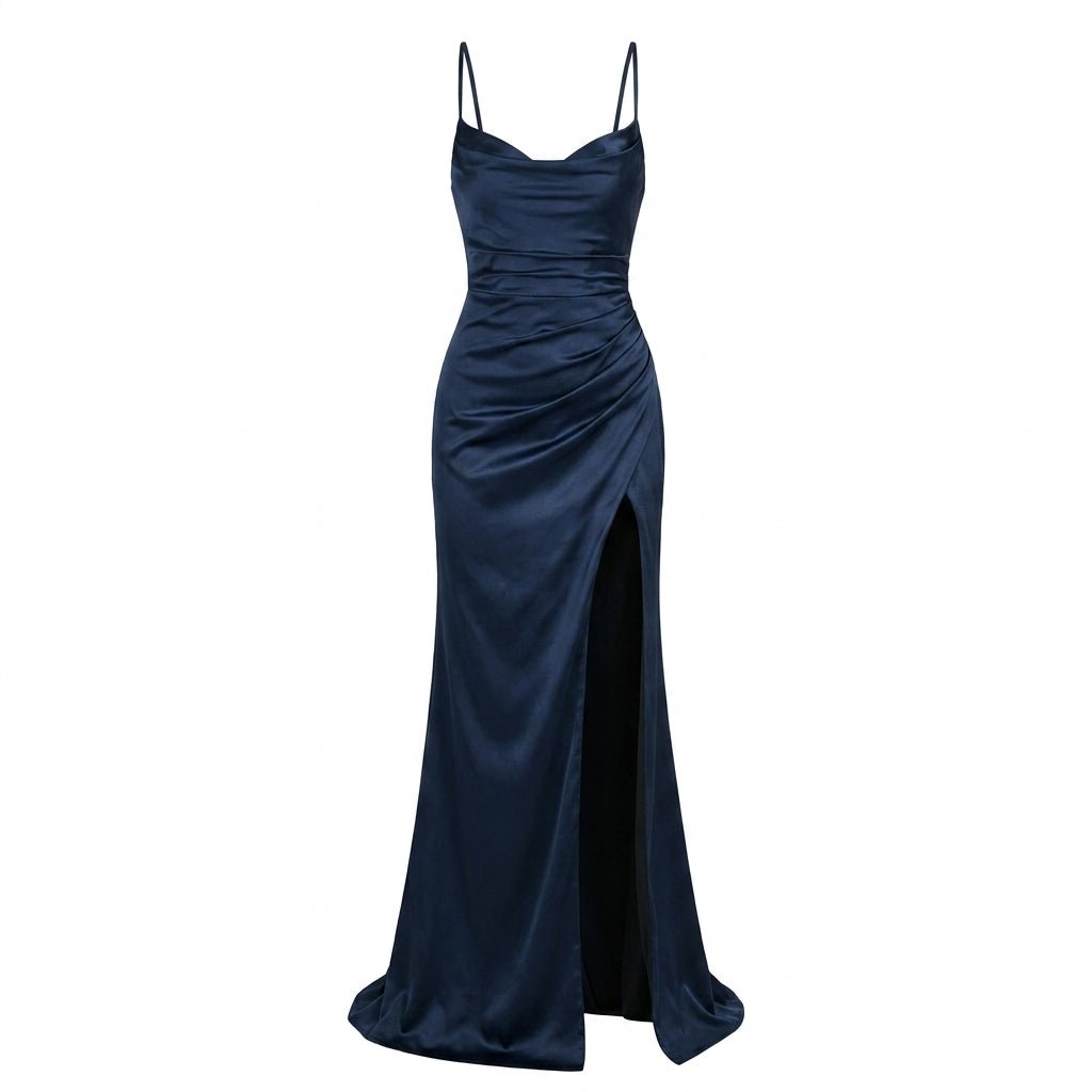 Satin Maxi Dress – Ruched Bodice with Thigh-High Split for Formal Evenings - We are MFEO