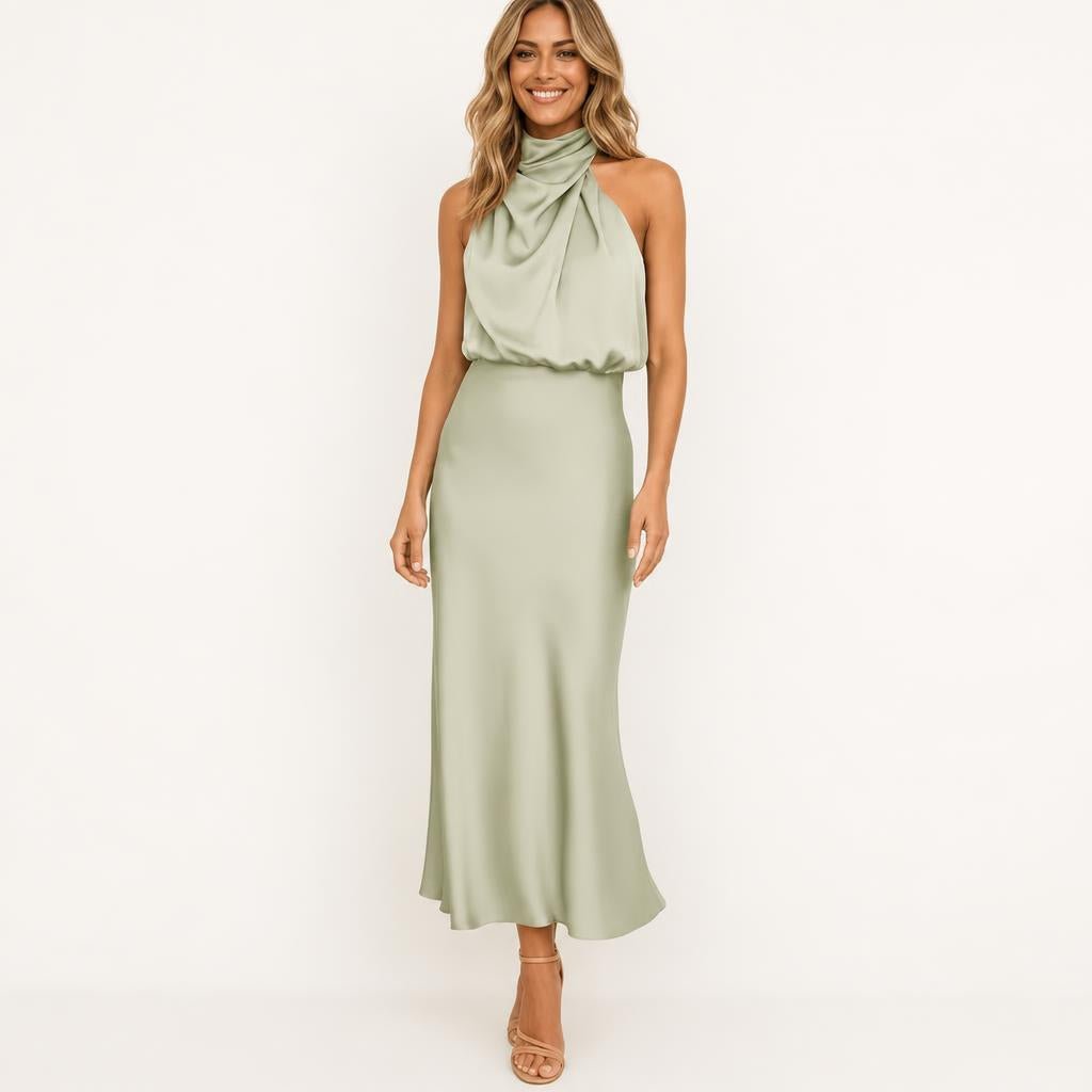 Satin Midi Cocktail Dress with Draped Bodice - We are MFEO
