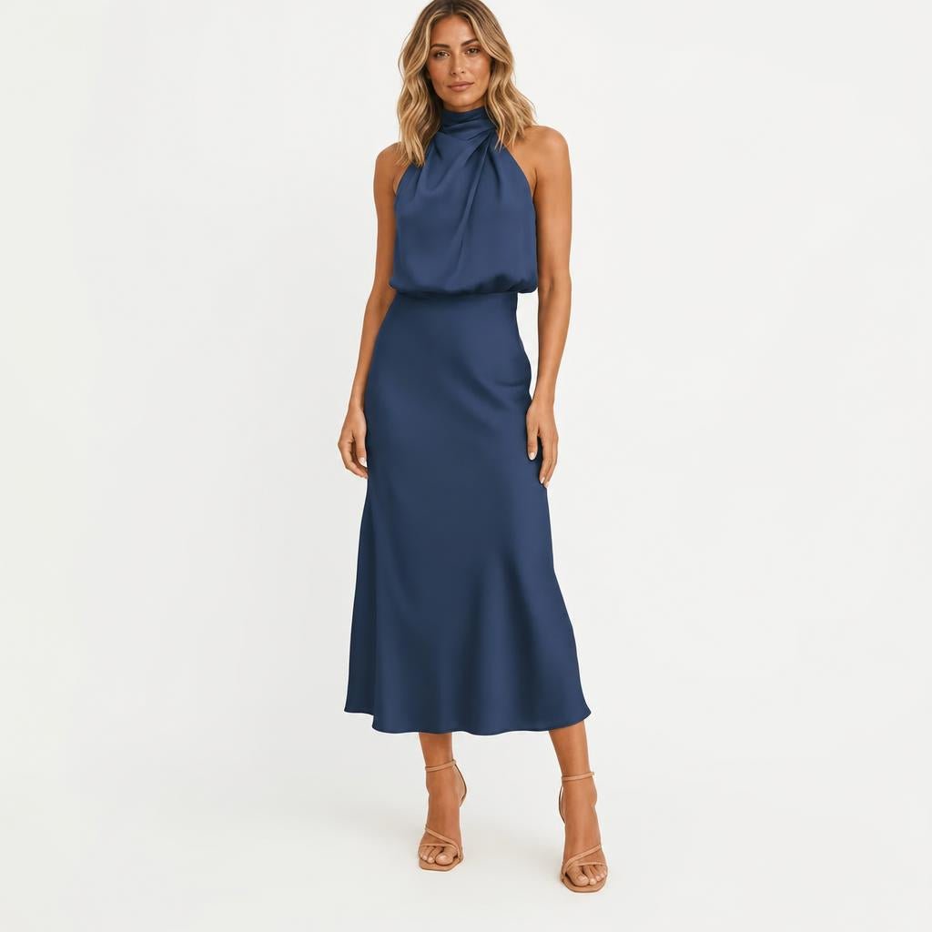 Satin Midi Cocktail Dress with Draped Bodice - We are MFEO