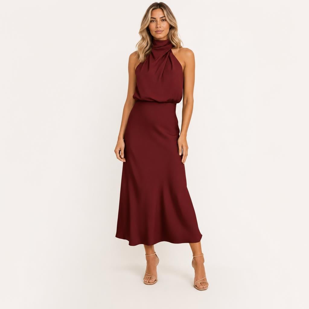 Satin Midi Cocktail Dress with Draped Bodice - We are MFEO