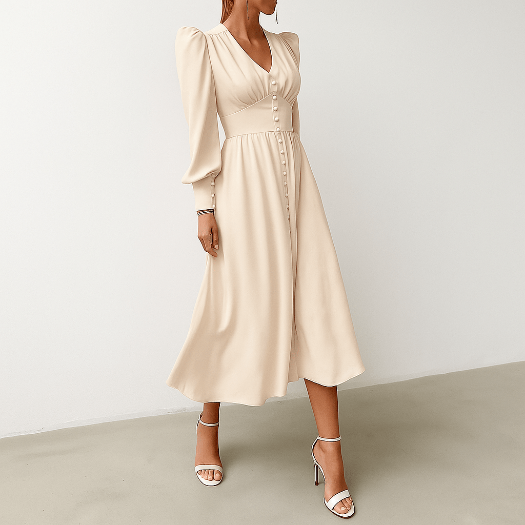 Satin Midi Dress – Button Down Front, Puff Sleeves for Formal Events - We are MFEO