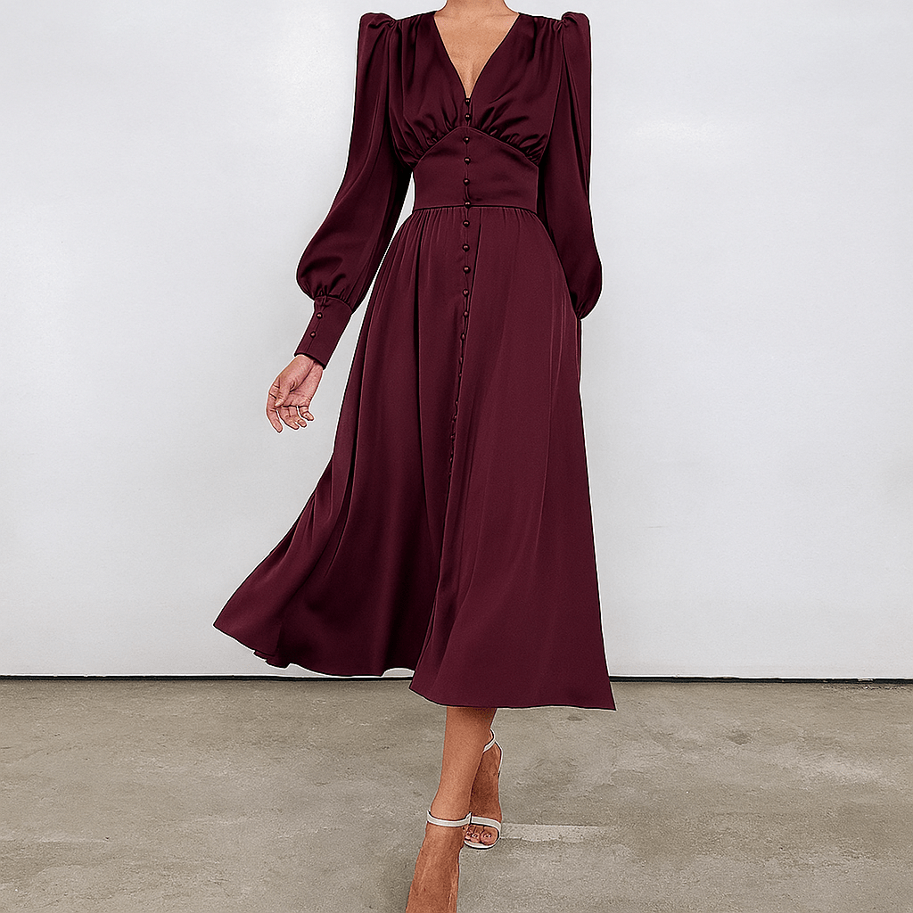 Satin Midi Dress – Button Down Front, Puff Sleeves for Formal Events - We are MFEO